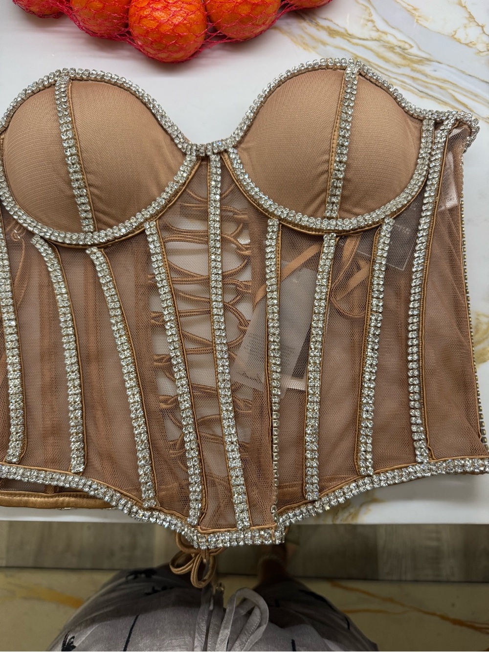 JLUXLABEL Nude Beaded Sheer Corset Crop Top - Picture 2 of 6